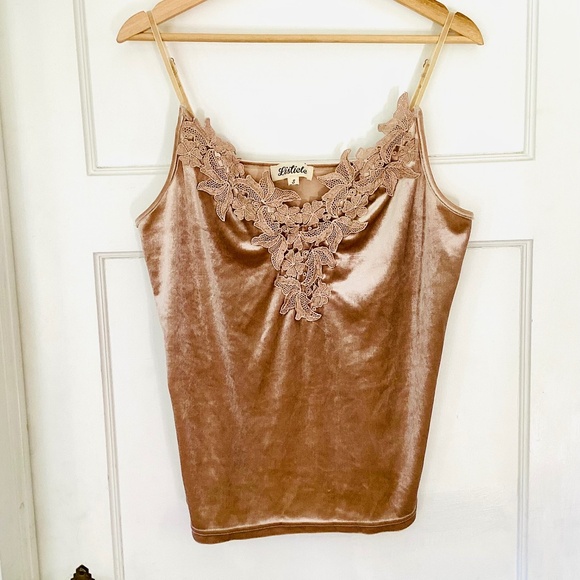 Taupe Velvet Camisole Lace Trim Women’s Size S Party Evening Cocktail Boho - Picture 1 of 14